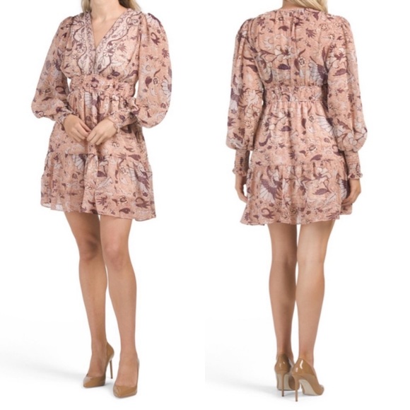 OPT One Pretty Time Pink Floral Long Sleeve Mini Dress Small - Picture 2 of 9